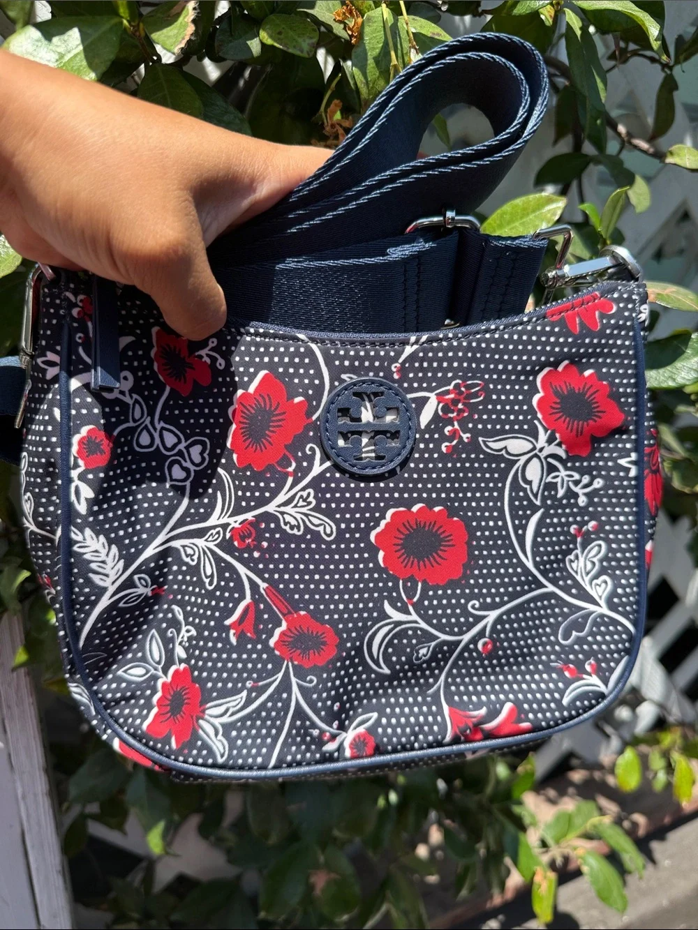 Tory Burch Navy Crossbody with Red Floral Print